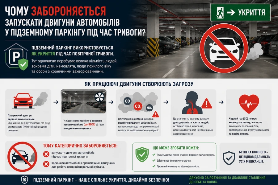 Саме з метою забезпечення безпеки всіх мешканців під час повітряної тривоги категорично забороняється запускати двигуни автомобілів або залишати їх працюючими для кондиціонування чи обігріву салону. Саме з метою забезпечення безпеки всіх мешканців під час повітряної тривоги категорично забороняється запускати двигуни автомобілів або залишати їх працюючими для кондиціонування чи обігріву салону.